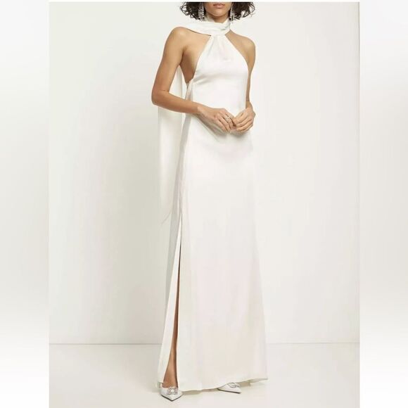 NWT JONATHAN SIMKHAI Vittoria Gown Dress Ivory Satin Halter Neck Open Back Sz 10